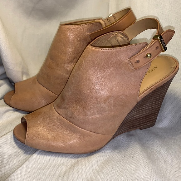 Coach Peep Toe Leather Wedge Slingback Shoes